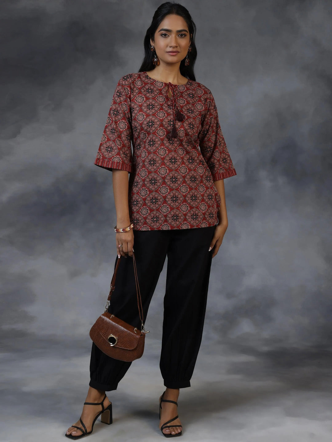 Maroon Printed Cotton Straight Kurti - Libas