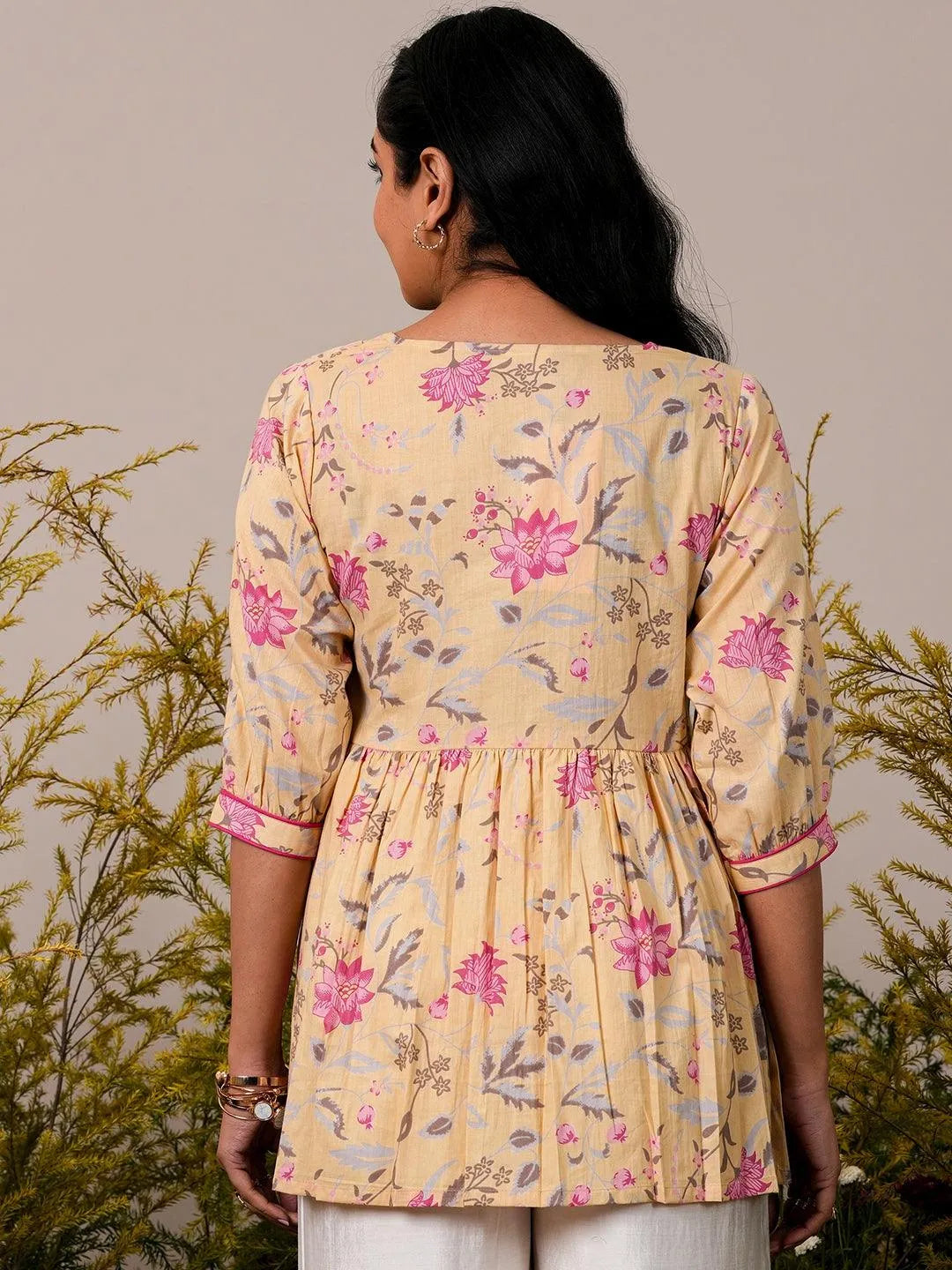 Yellow Printed Cotton A-Line Kurti - Libas 