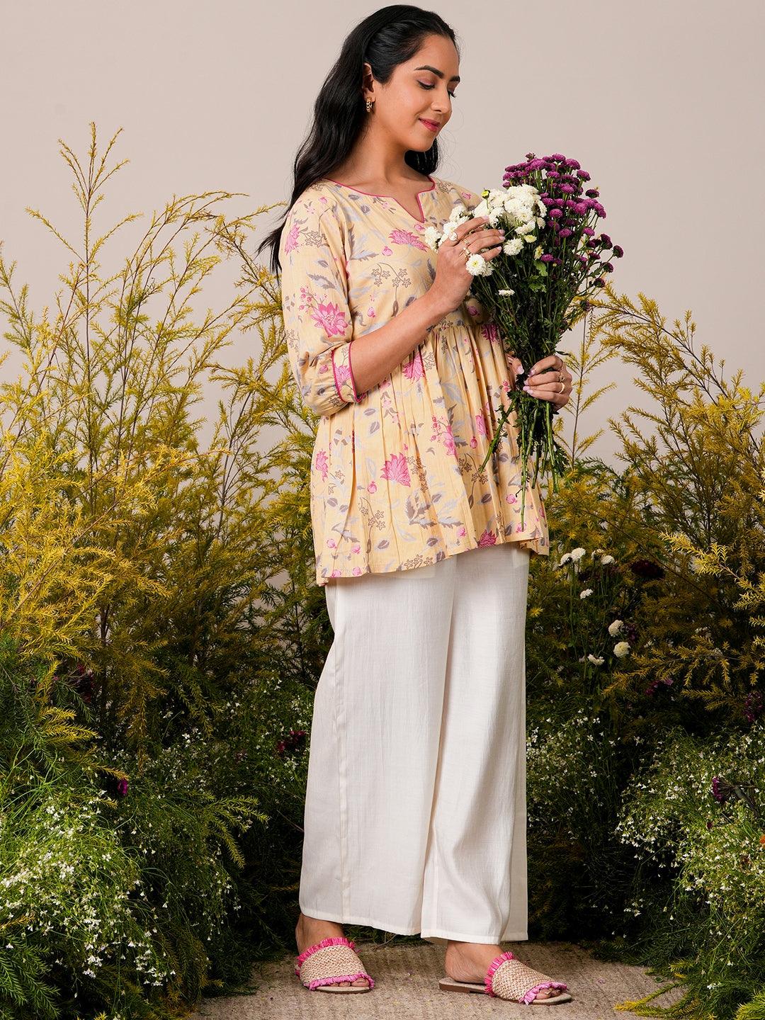 Yellow Printed Cotton A-Line Kurti - Libas 