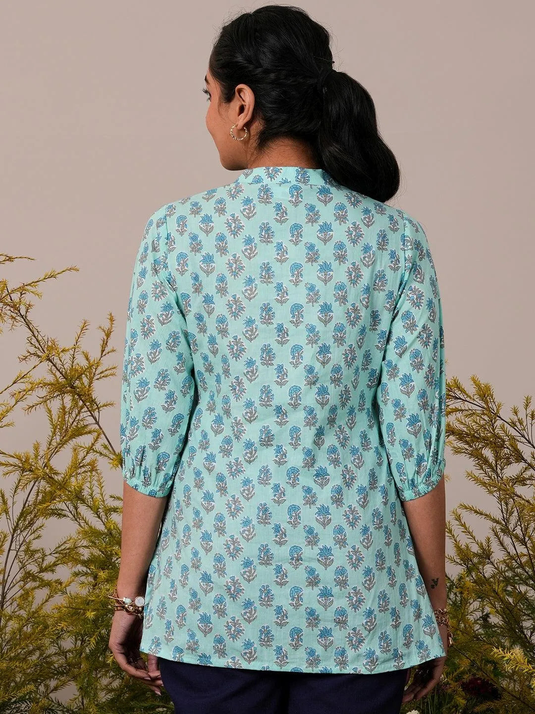 Blue Printed Cotton Straight Kurti - Libas 