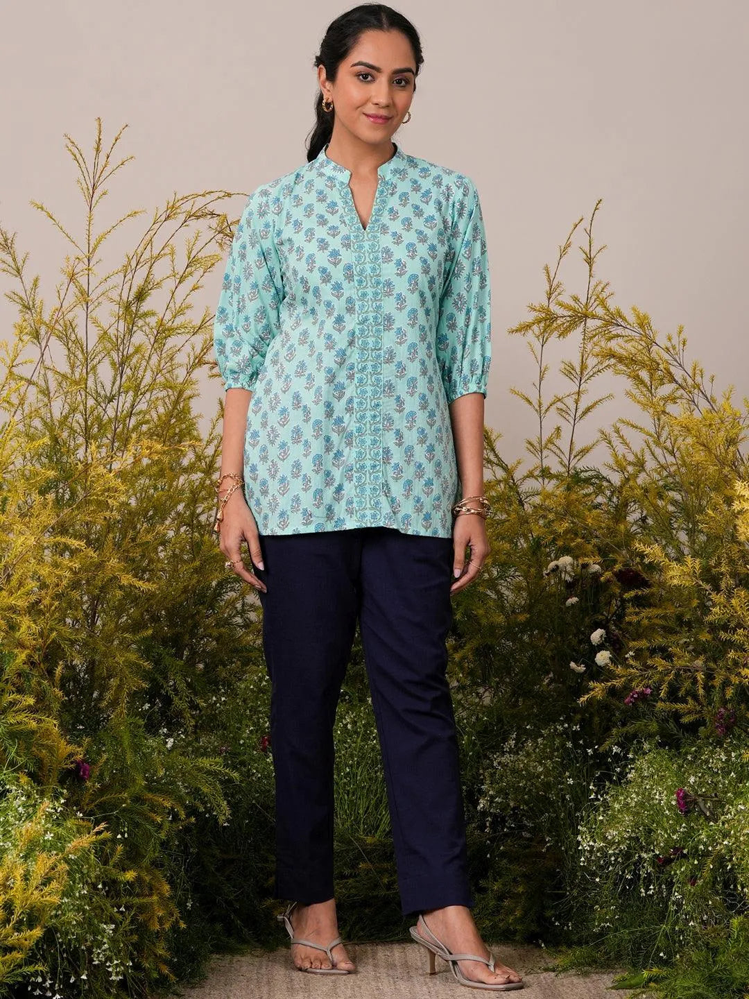 Blue Printed Cotton Straight Kurti - Libas 