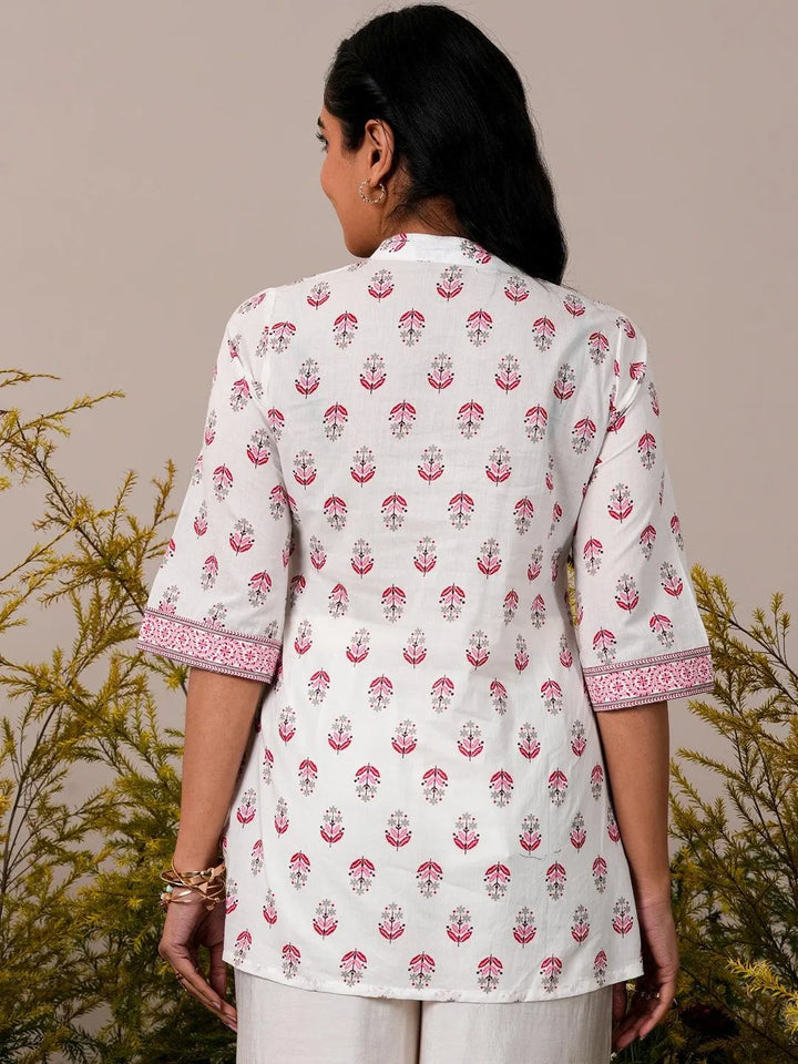 White Printed Cotton Straight Kurti - Libas