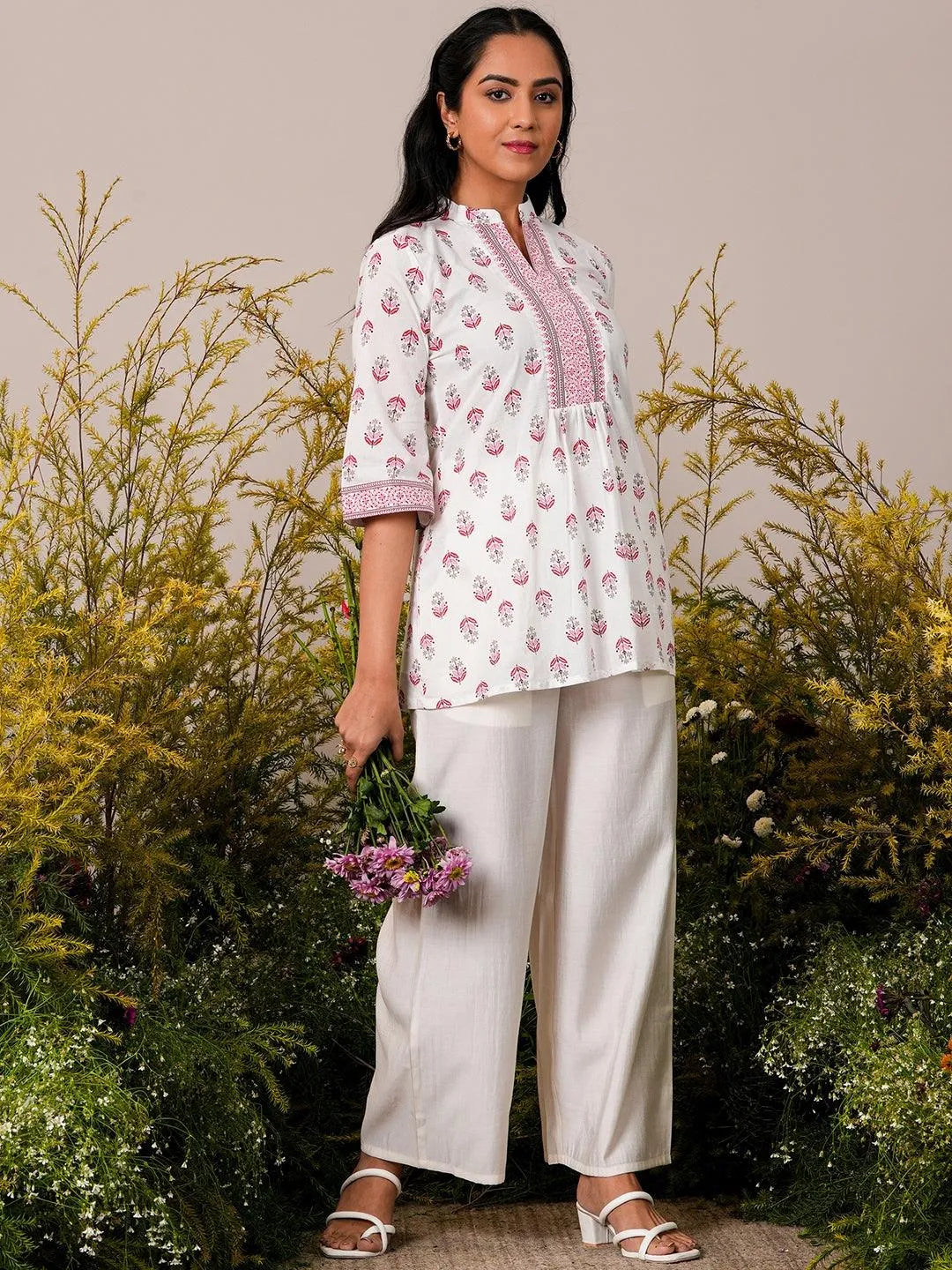 White Printed Cotton Straight Kurti - Libas 