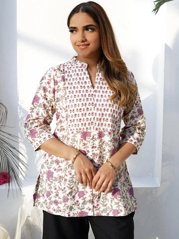Off White Printed Cotton Blend Straight Kurti