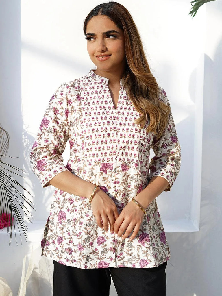 Libas Off White Printed Cotton Blend Straight Kurti
