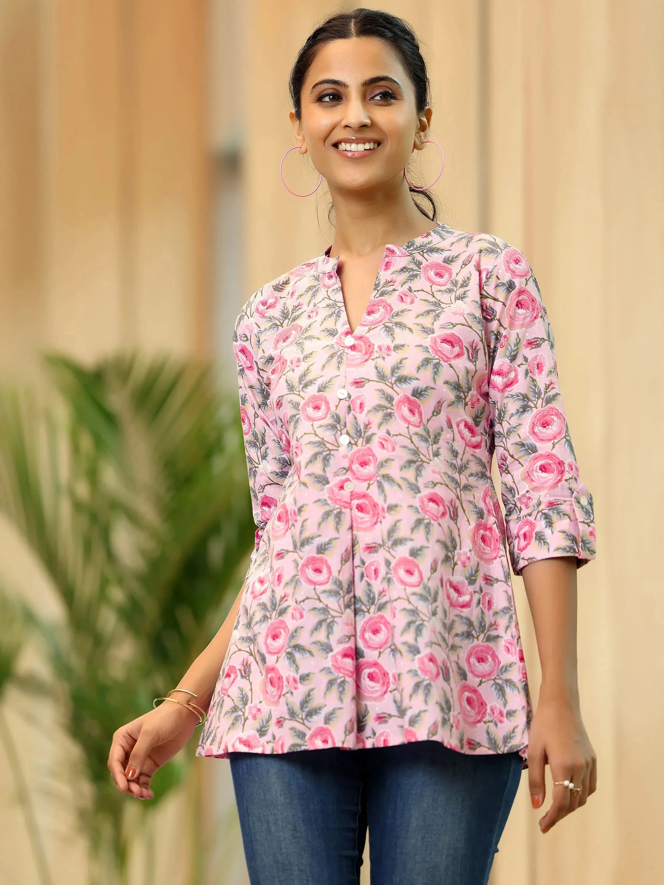 Pink Printed Cotton A-Line Kurti-image-31