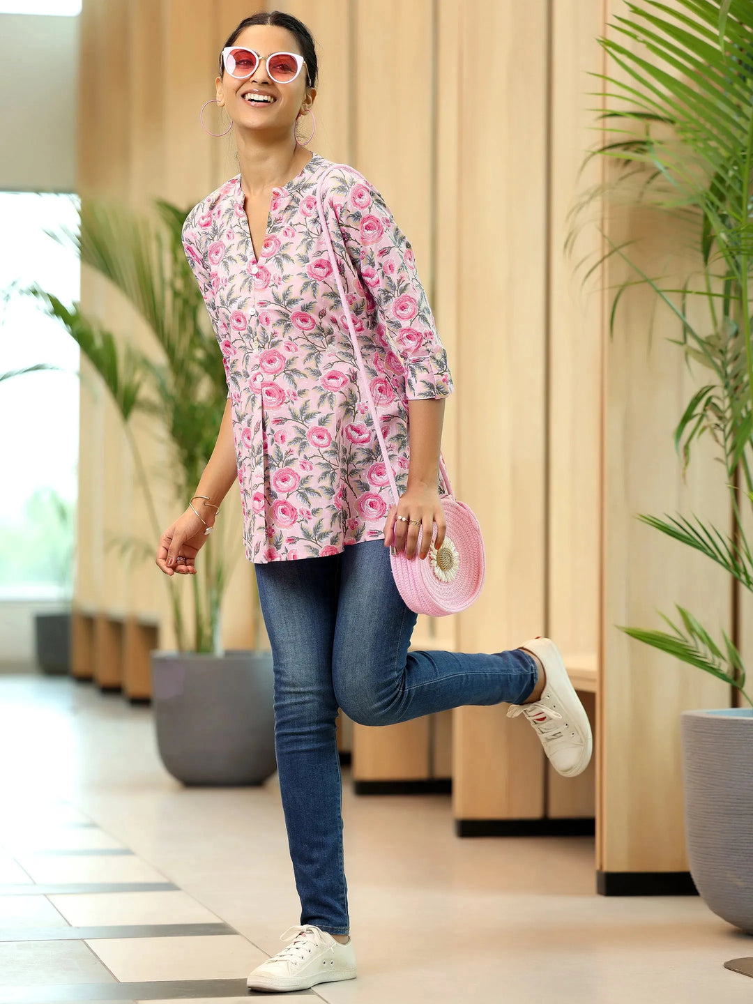  Pink Printed Cotton A-Line Kurti 