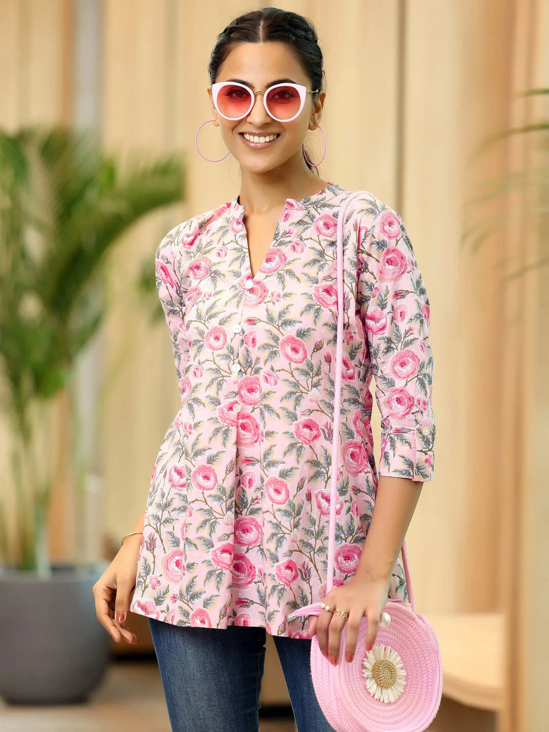  Pink Printed Cotton A-Line Kurti 