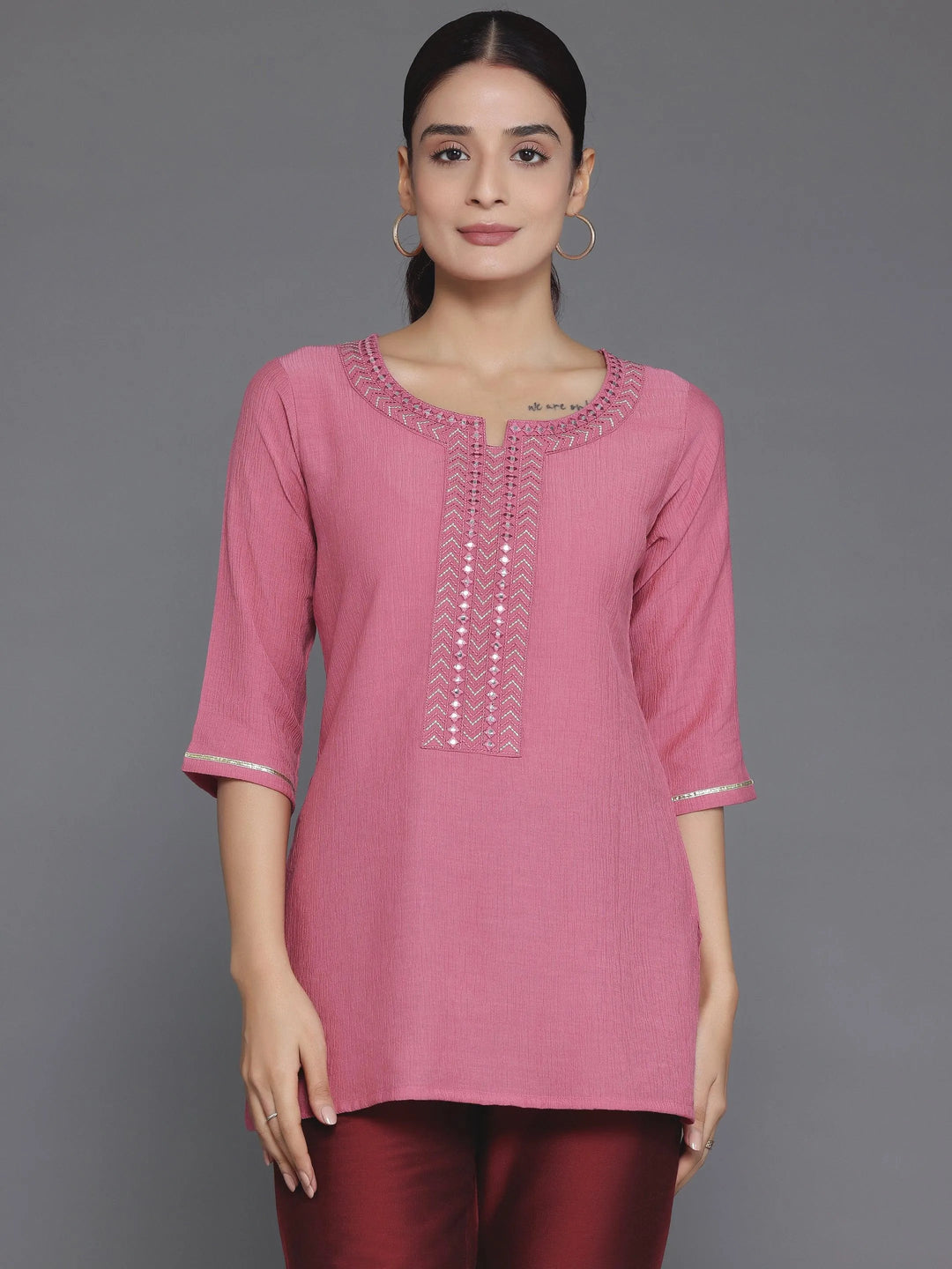 Pink Woven Design Cotton Blend Straight Kurti - Libas 