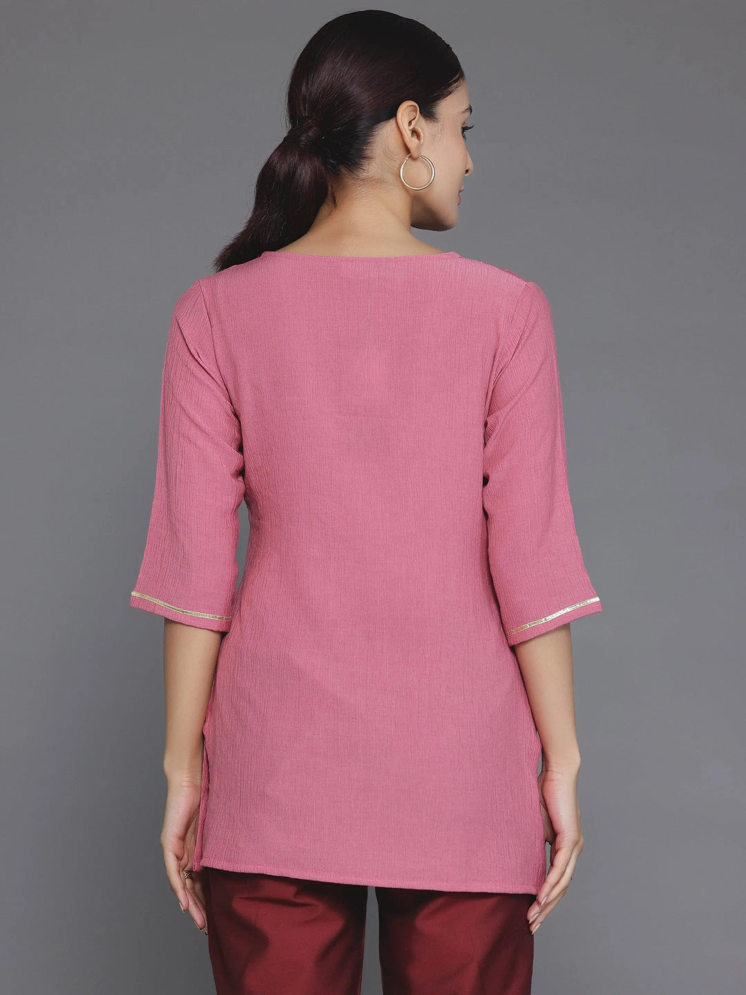 Pink Woven Design Cotton Blend Straight Kurti - Libas 