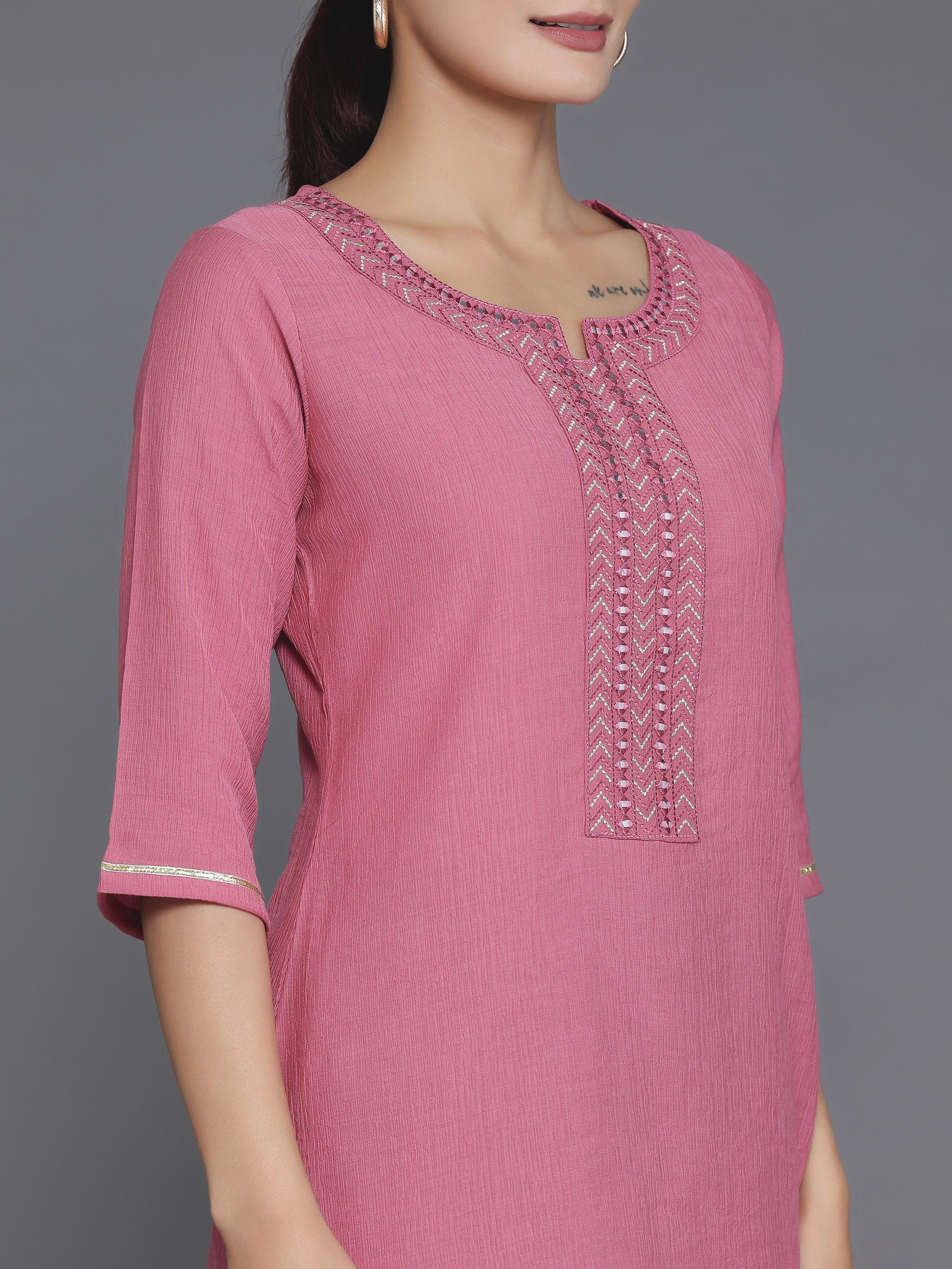 Pink Woven Design Cotton Blend Straight Kurti