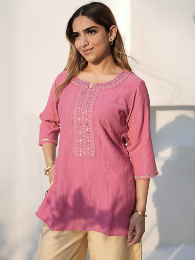 Pink Woven Design Cotton Blend Straight Kurti - Libas