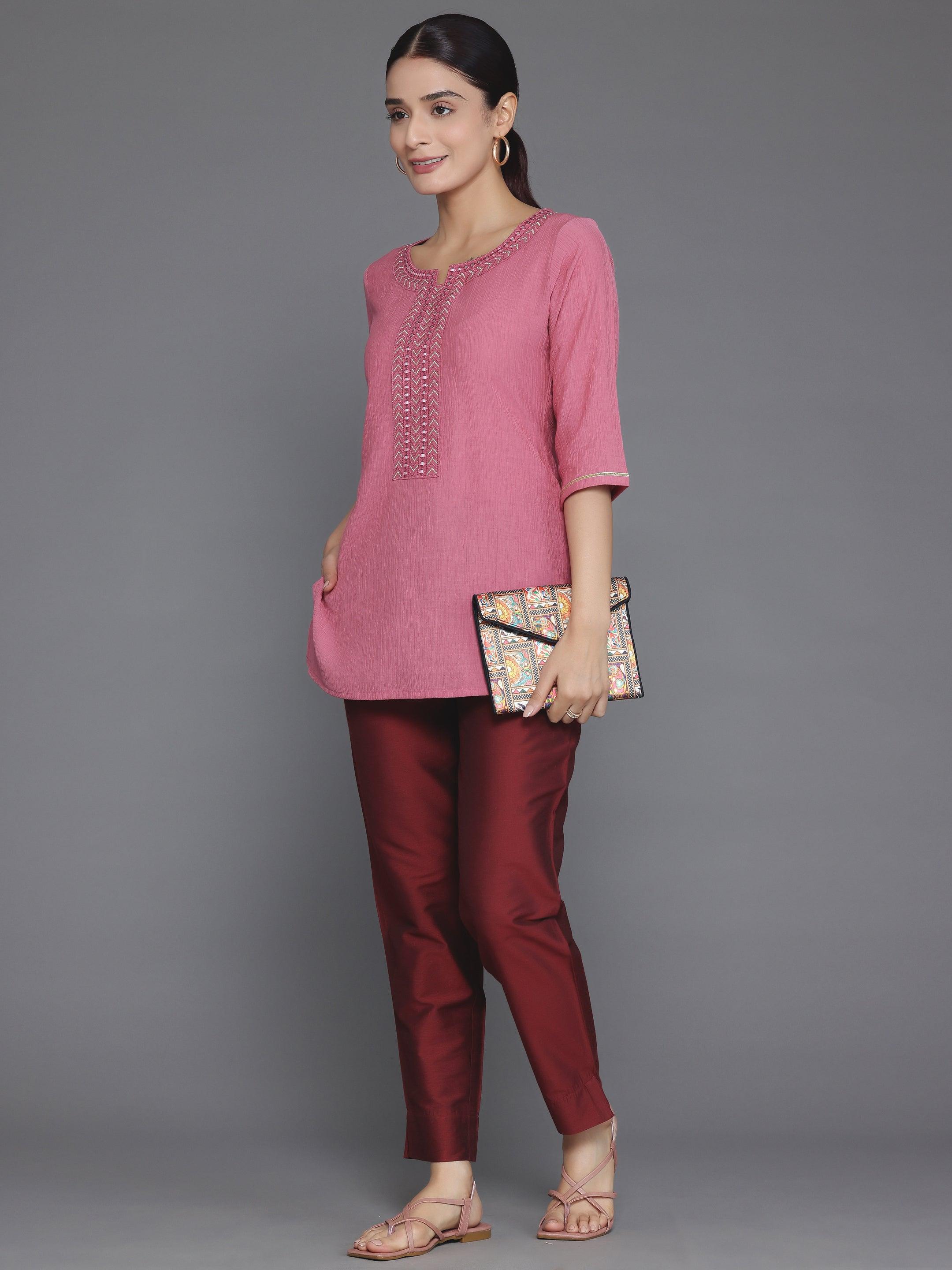 Pink Woven Design Cotton Blend Straight Kurti