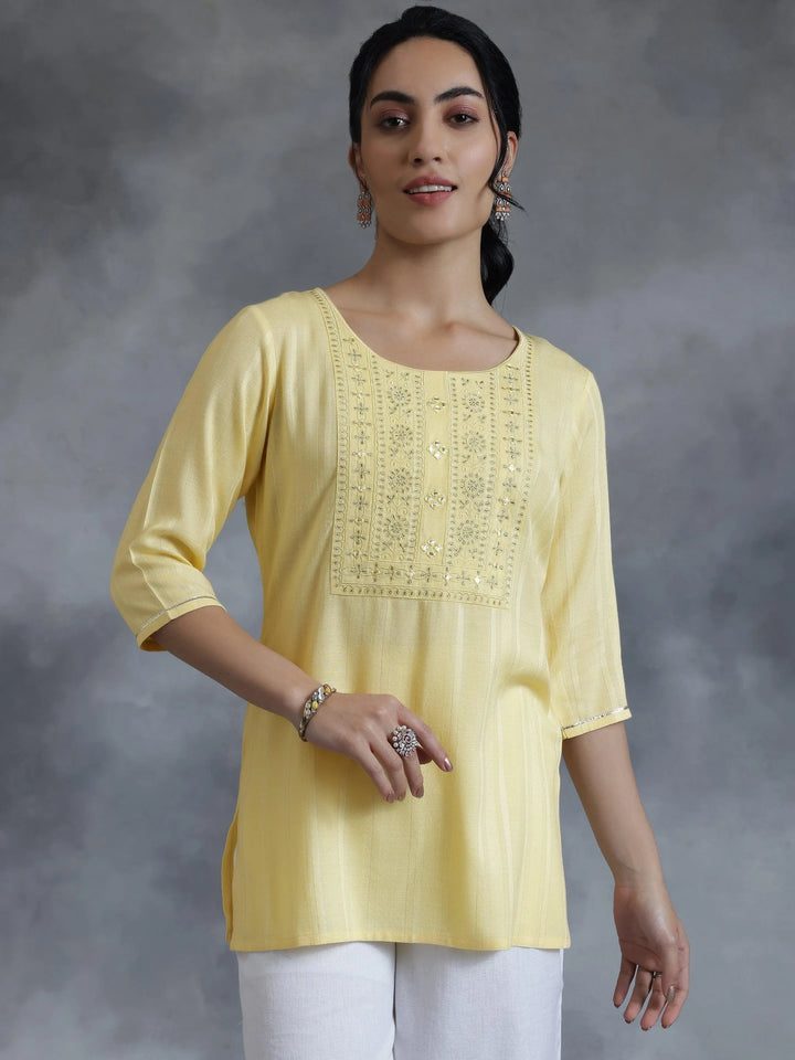 Yellow Woven Design Rayon Straight Kurti - Libas