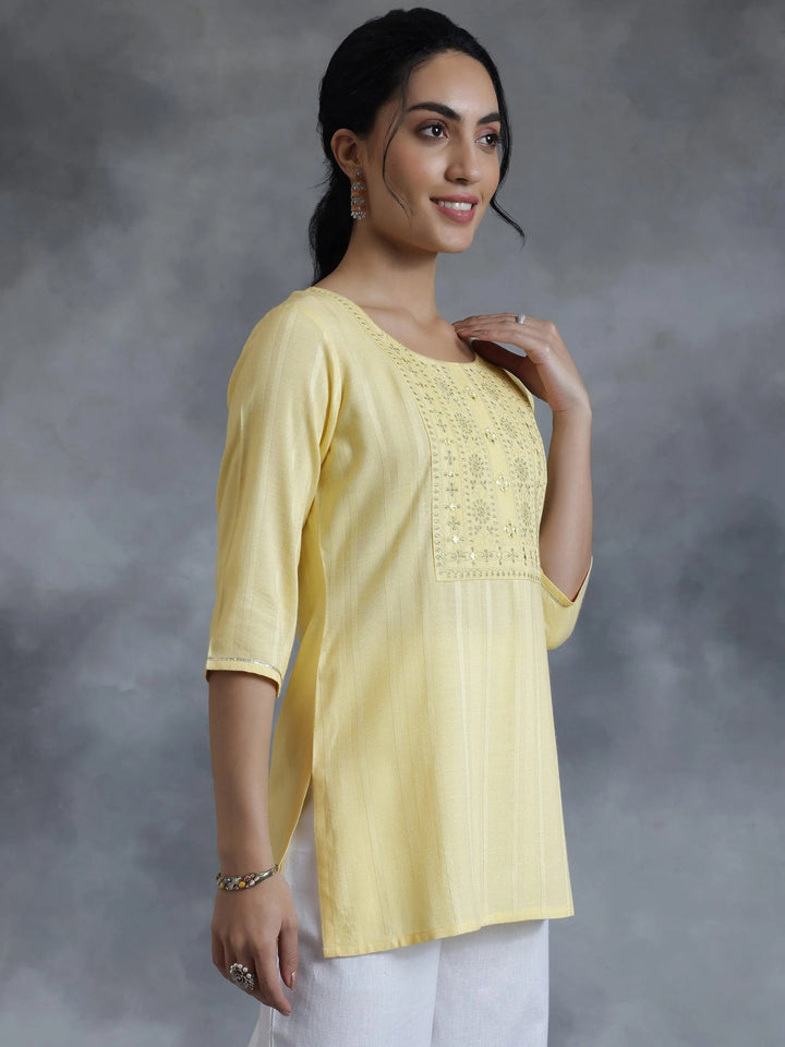 Yellow Woven Design Rayon Straight Kurti - Libas