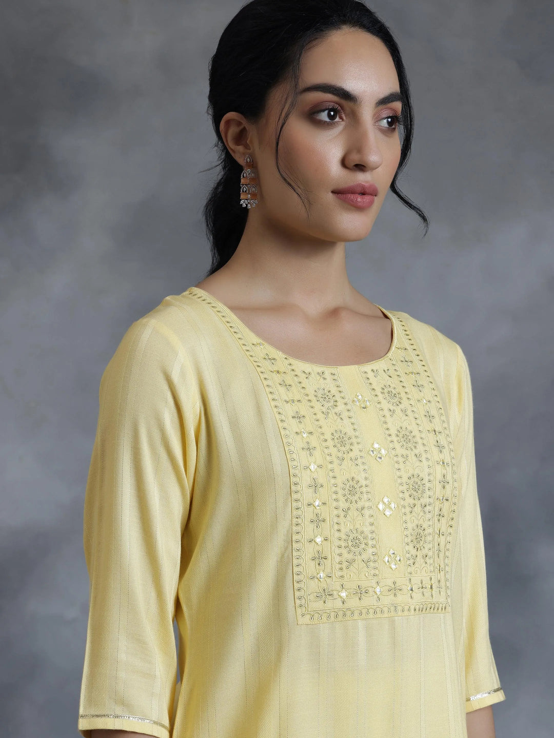 Yellow Woven Design Rayon Straight Kurti - Libas 