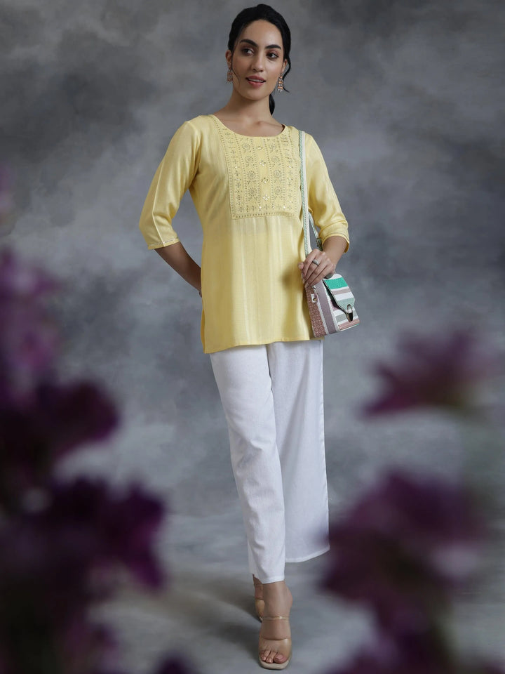 Yellow Woven Design Rayon Straight Kurti - Libas