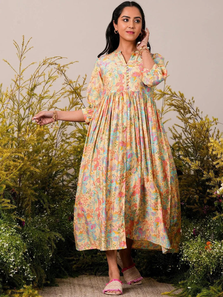 Buy Yellow Printed Silk Fit and Flare Dress Online at Rs.699 | Libas