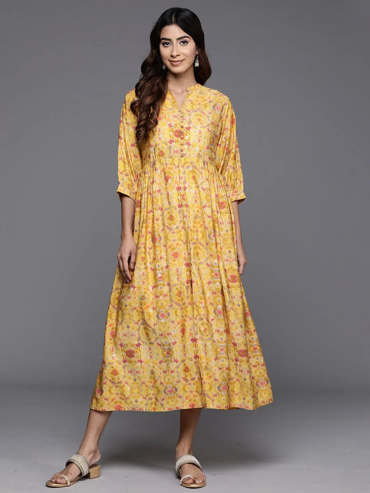 Yellow Printed Silk Fit and Flare Dress - Libas