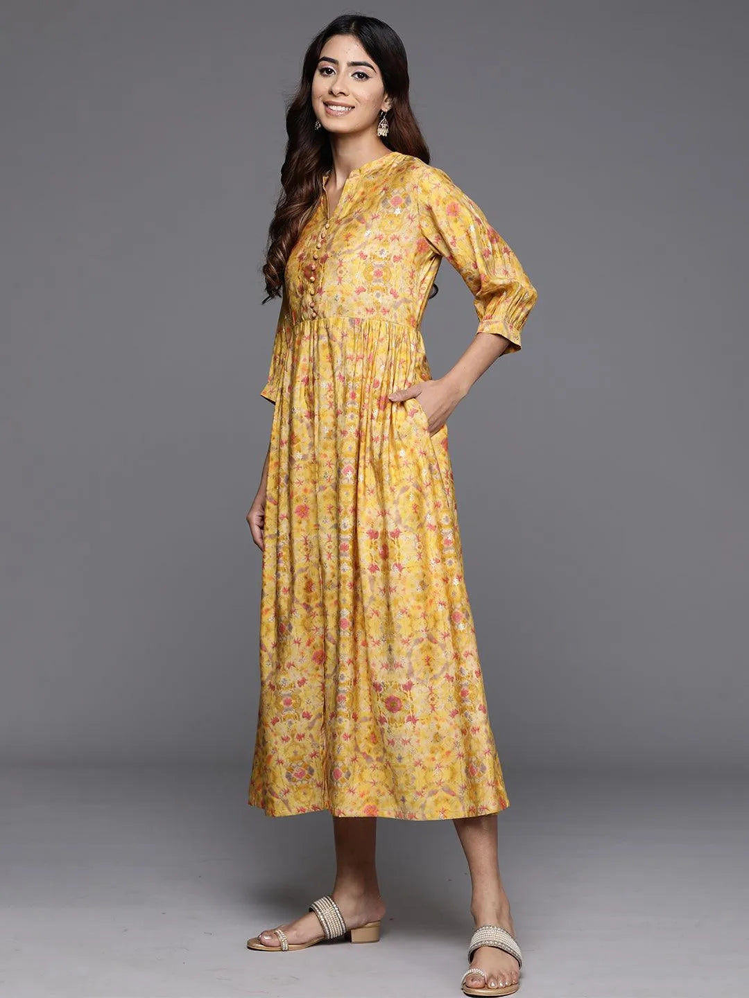 Yellow Printed Silk Fit and Flare Dress - Libas