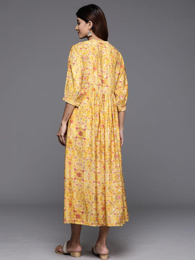 Yellow Printed Silk Fit and Flare Dress - Libas