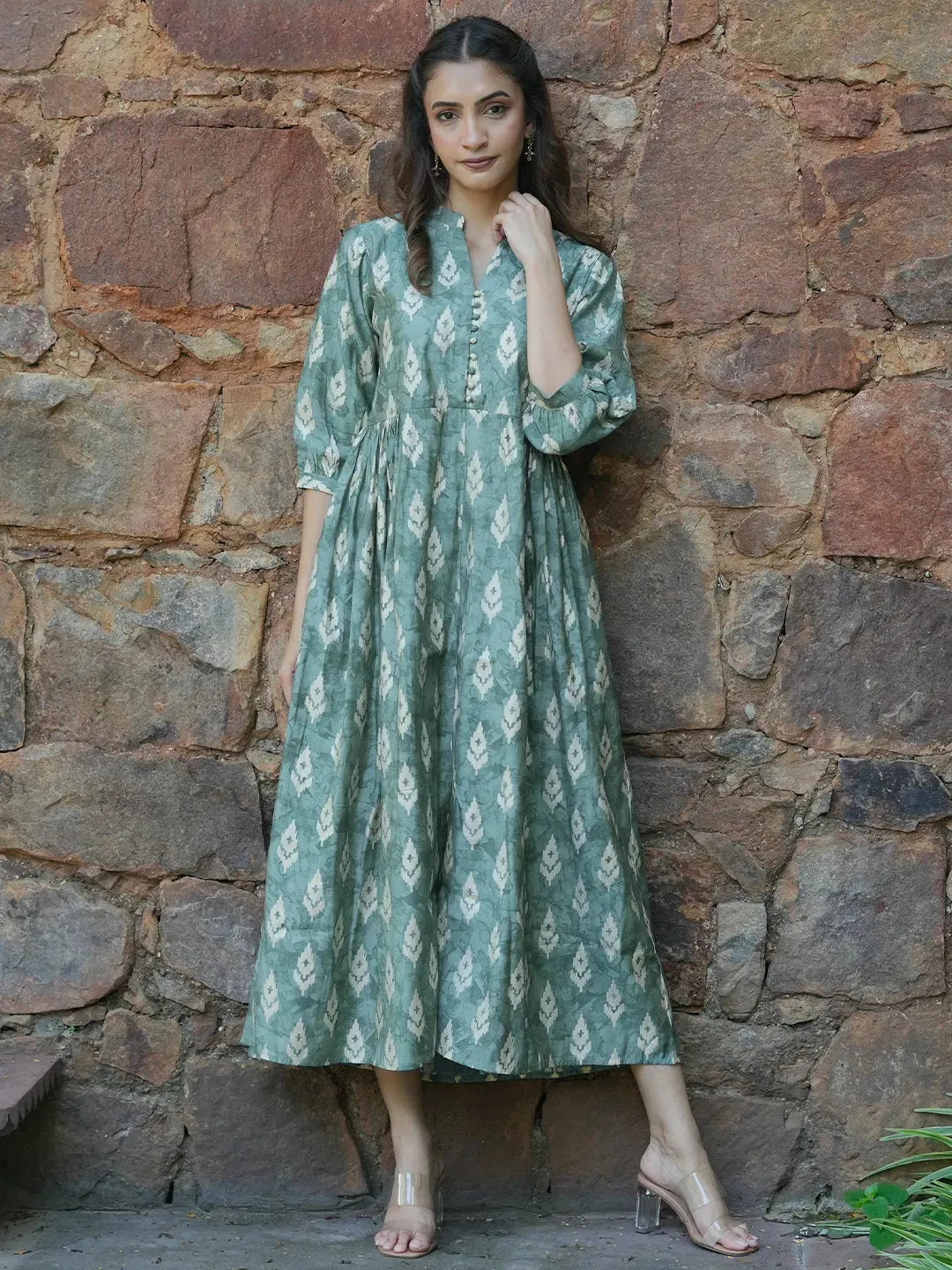 Green Printed Silk Fit and Flare Dress
