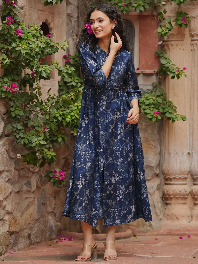 Libas Blue Printed Silk Fit and Flare Dress