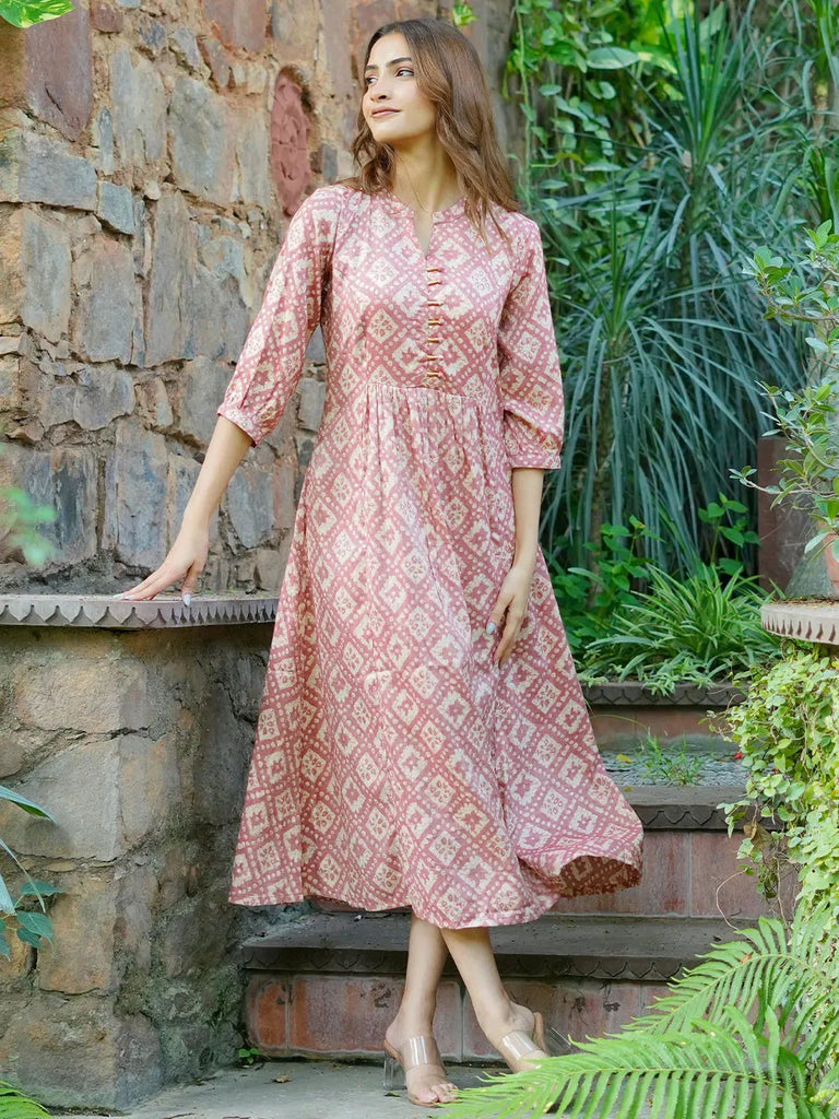 Libas Peach Printed Silk A-Line Dress