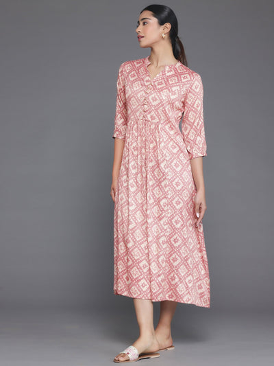 Peach Printed Silk A-Line Dress - Libas