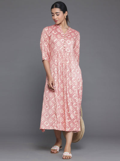 Peach Printed Silk A-Line Dress - Libas