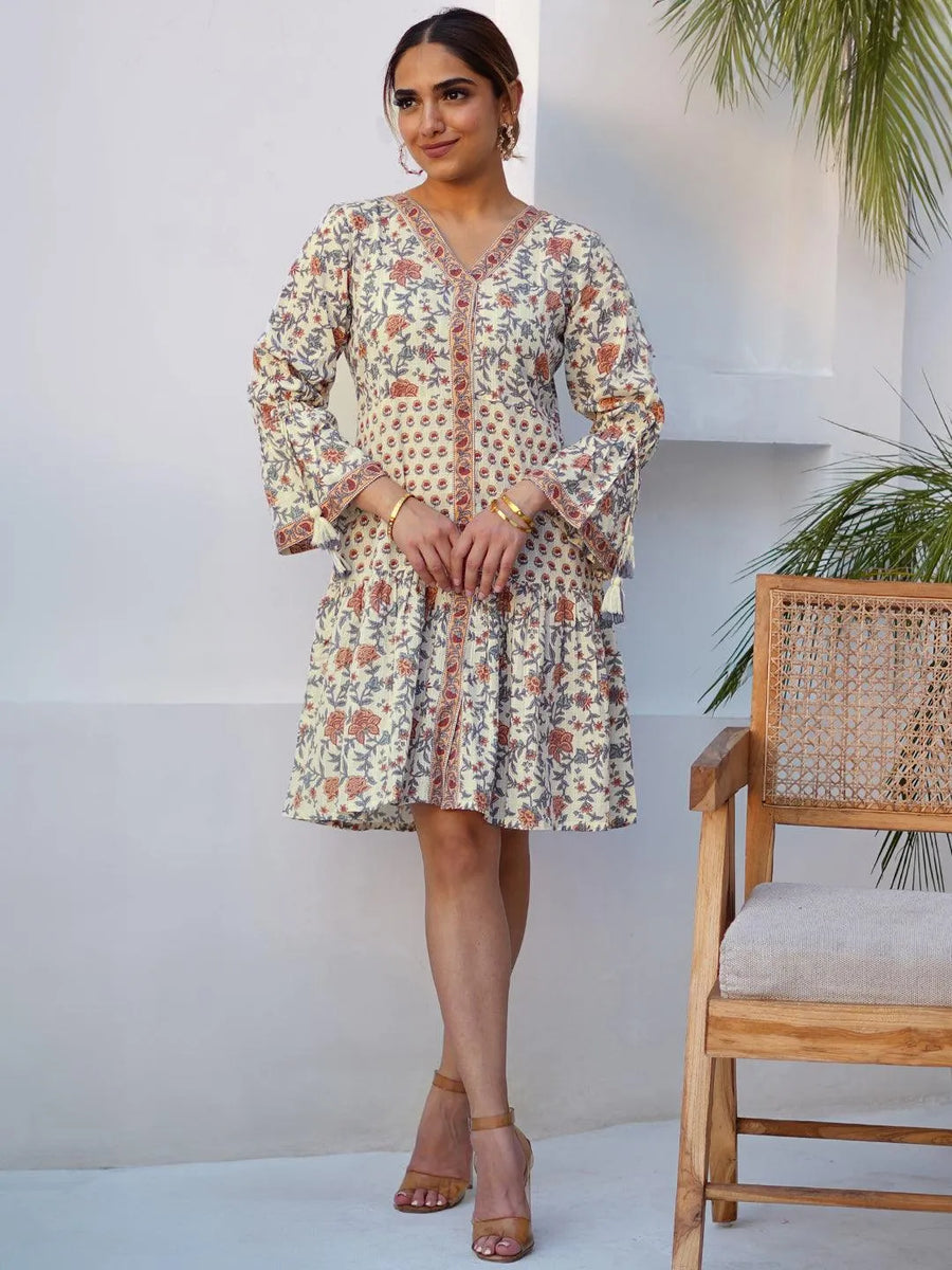 Girls Beige Printed Cotton Dress main image 1