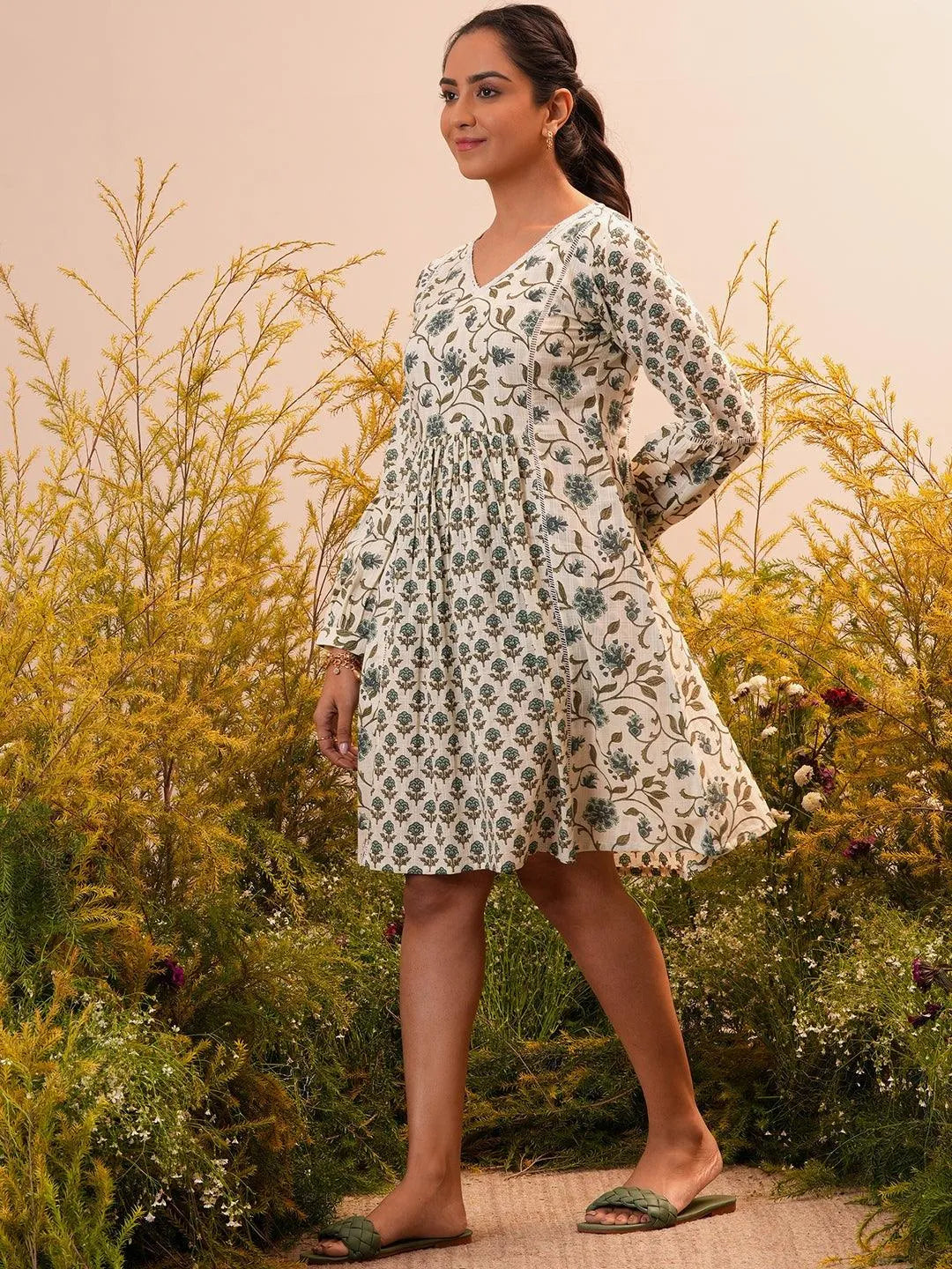 Beige Printed Cotton A-Line Dress - Libas 