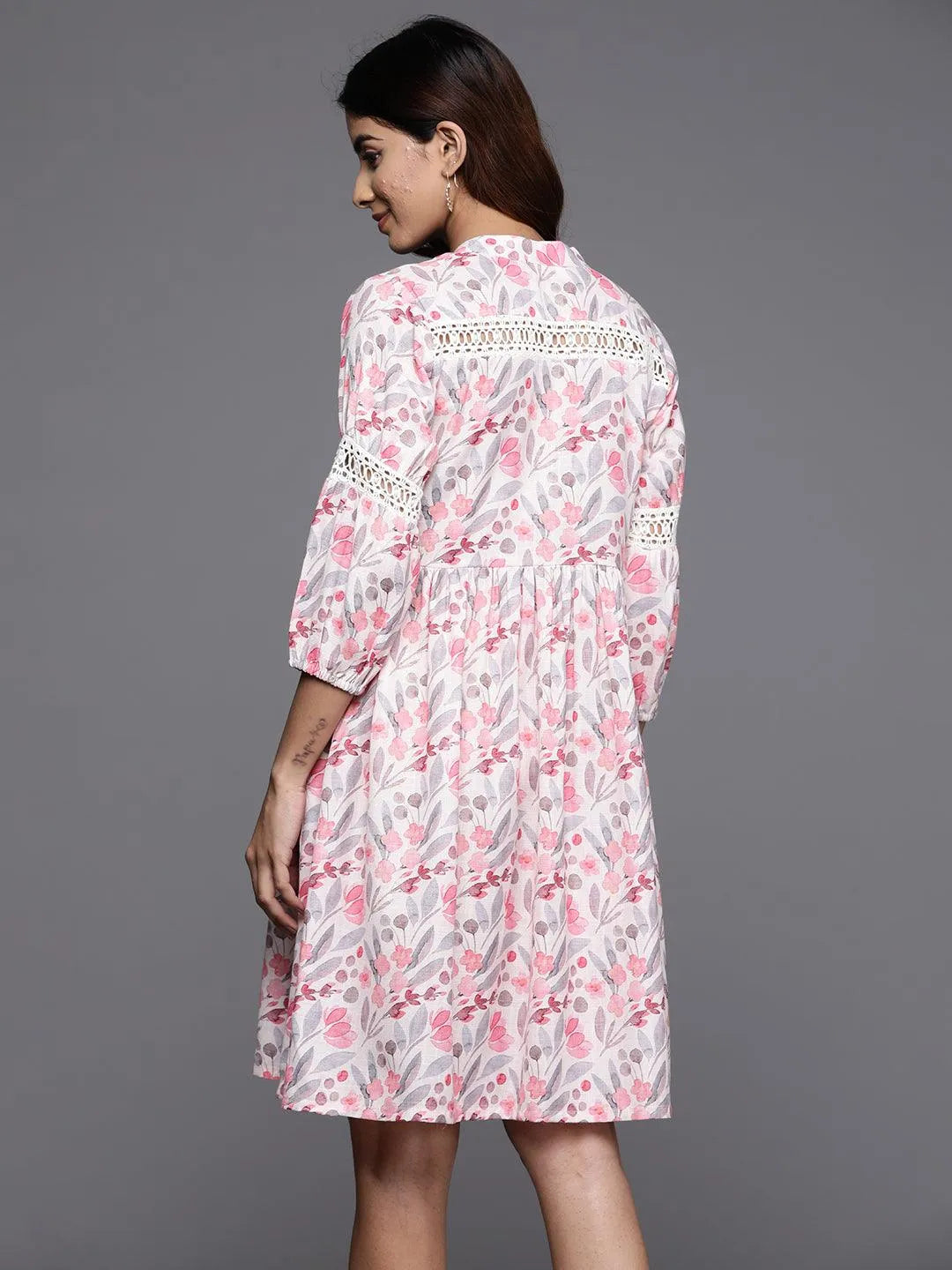 Beige Printed Cotton Fit and Flare Dress - Libas 