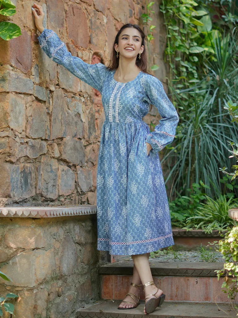 Libas Blue Printed Cotton Fit and Flare Dress
