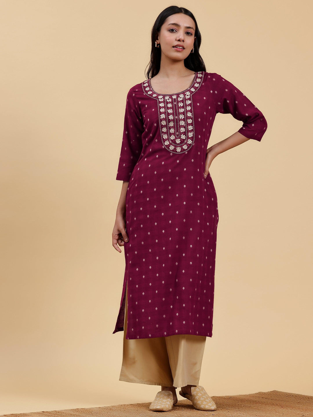 Maroon Striped Printed Cotton Kurta With Button Detail
