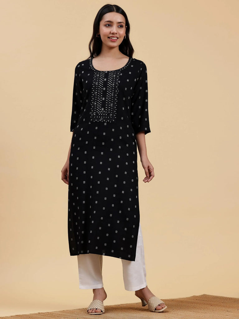 Libas Black Embroidered Cotton Straight Kurta
