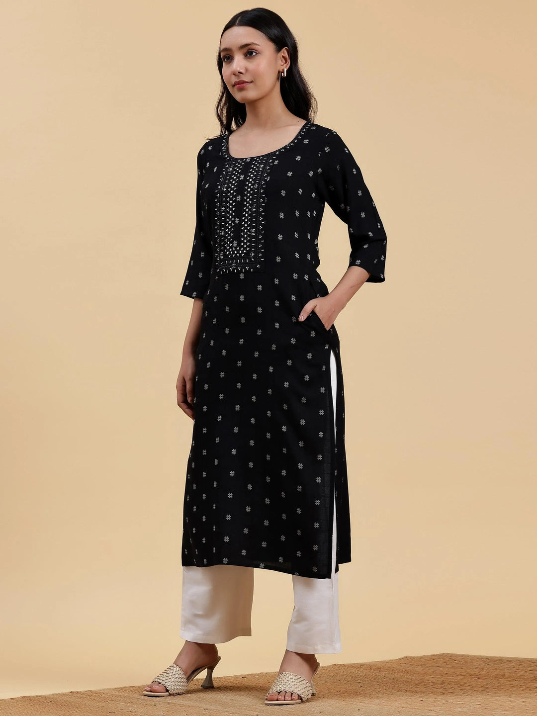 Black Embroidered Cotton Straight Kurta - Libas 