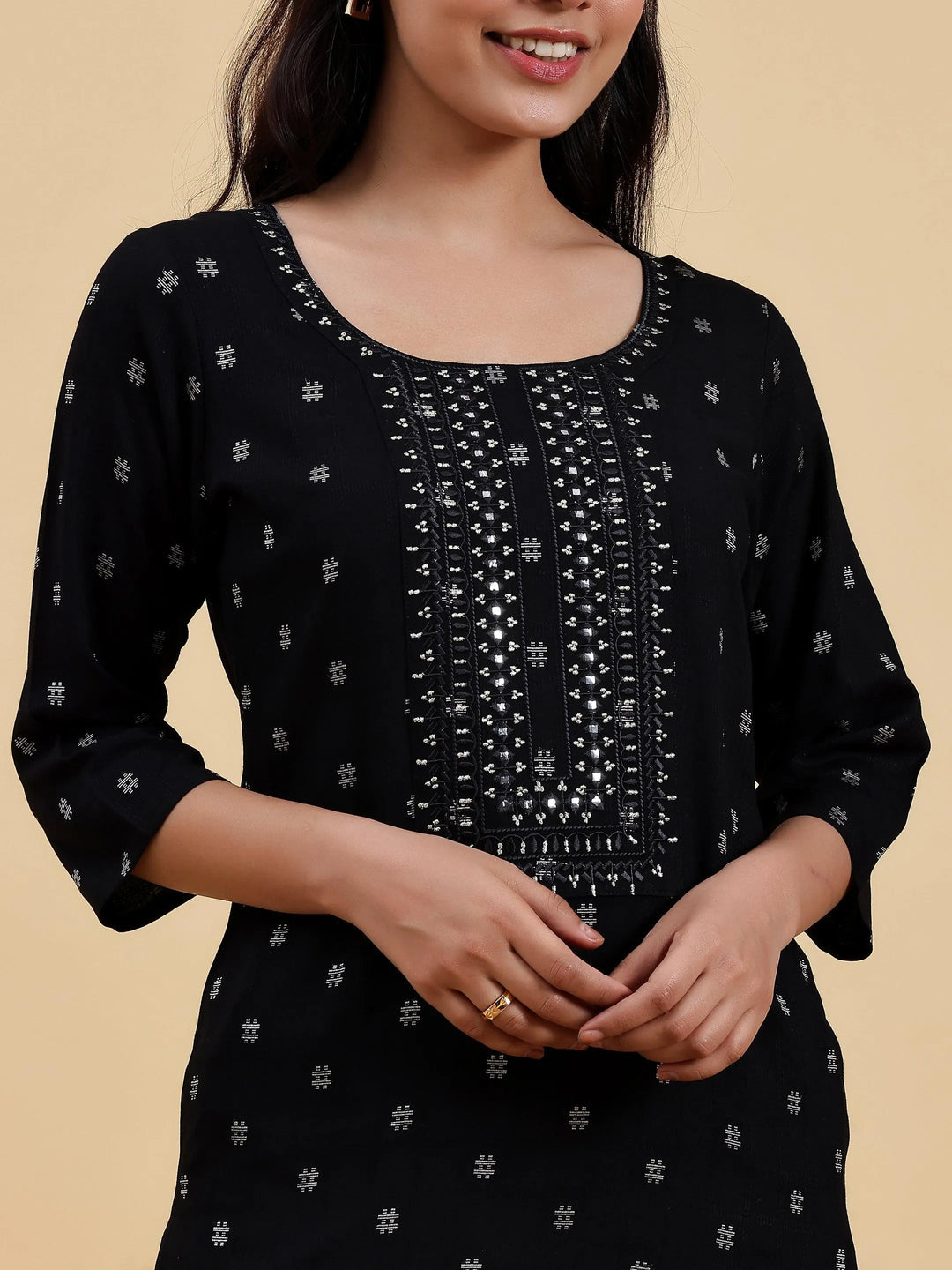 Black Embroidered Cotton Straight Kurta - Libas 