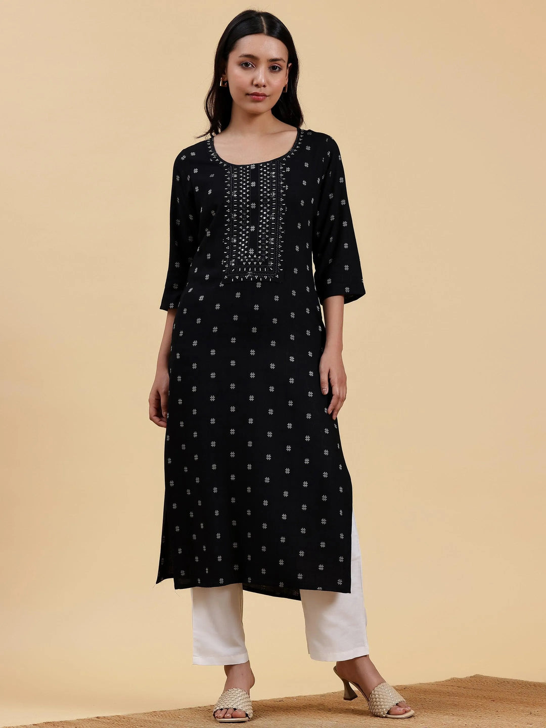 Black Embroidered Cotton Straight Kurta - Libas 
