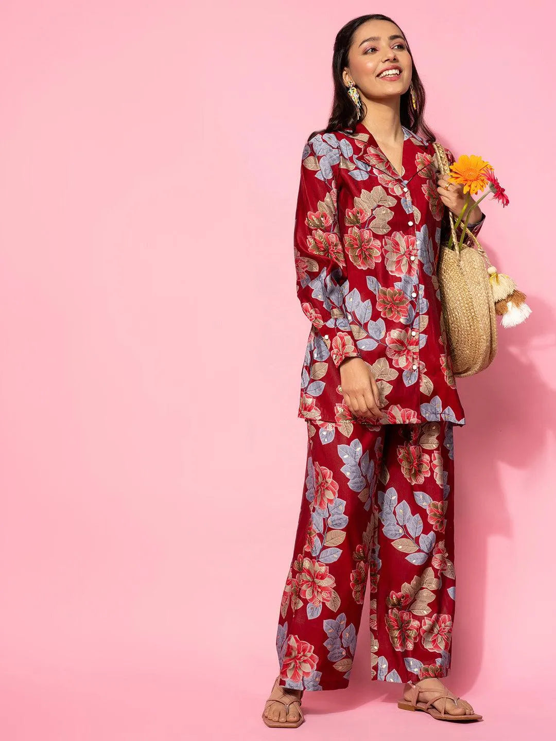 Maroon Printed Silk Blend Co-Ords-image-26