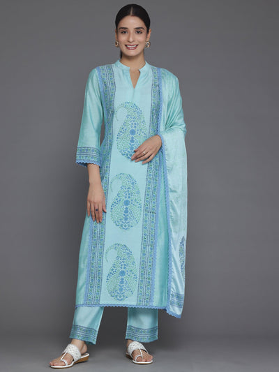 Blue Printed Silk Blend Straight Suit With Dupatta - Libas