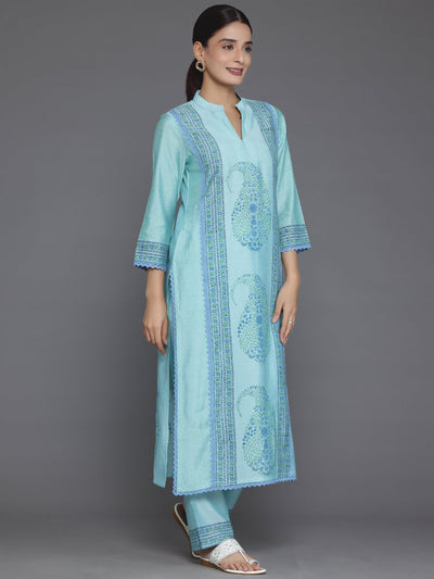 Blue Printed Silk Blend Straight Suit With Dupatta - Libas