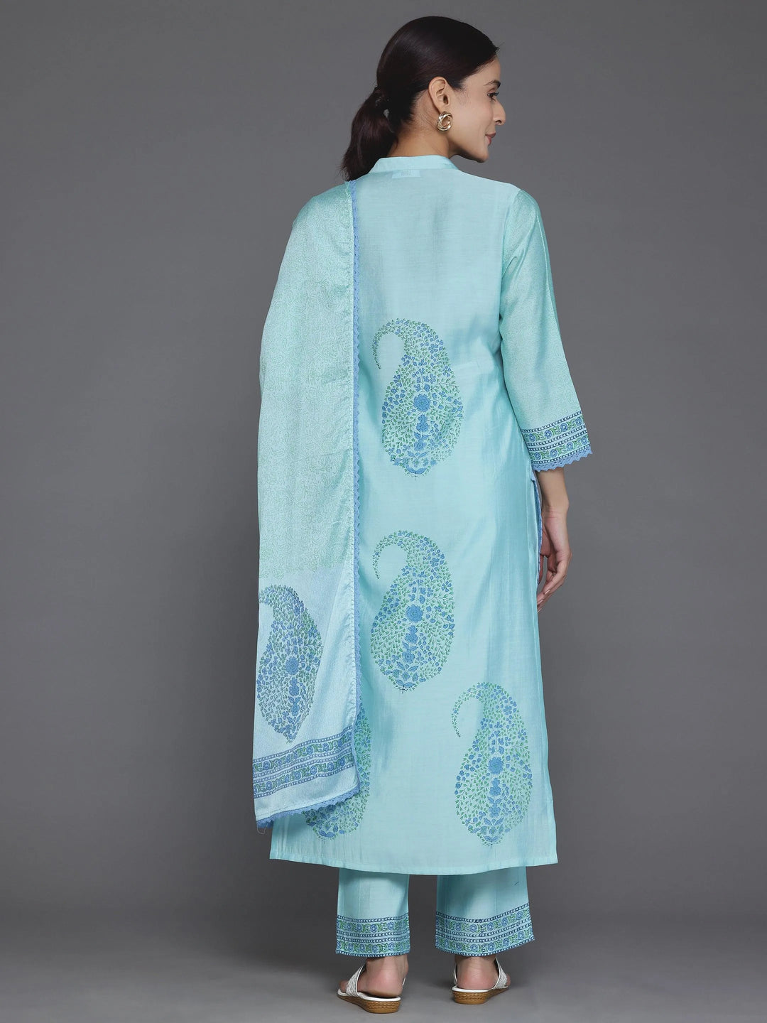 Blue Printed Silk Blend Straight Suit With Dupatta - Libas 