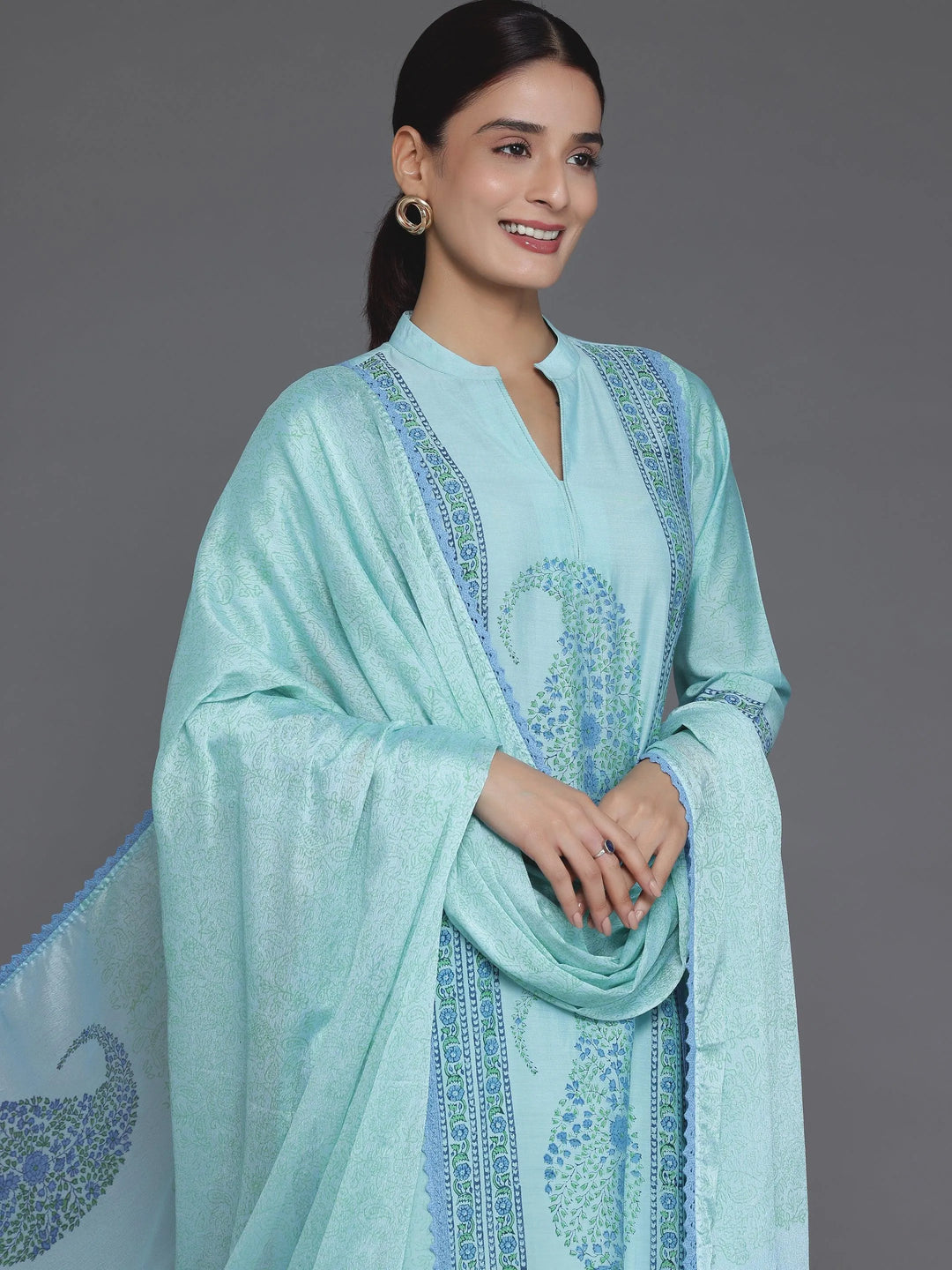 Blue Printed Silk Blend Straight Suit With Dupatta - Libas 
