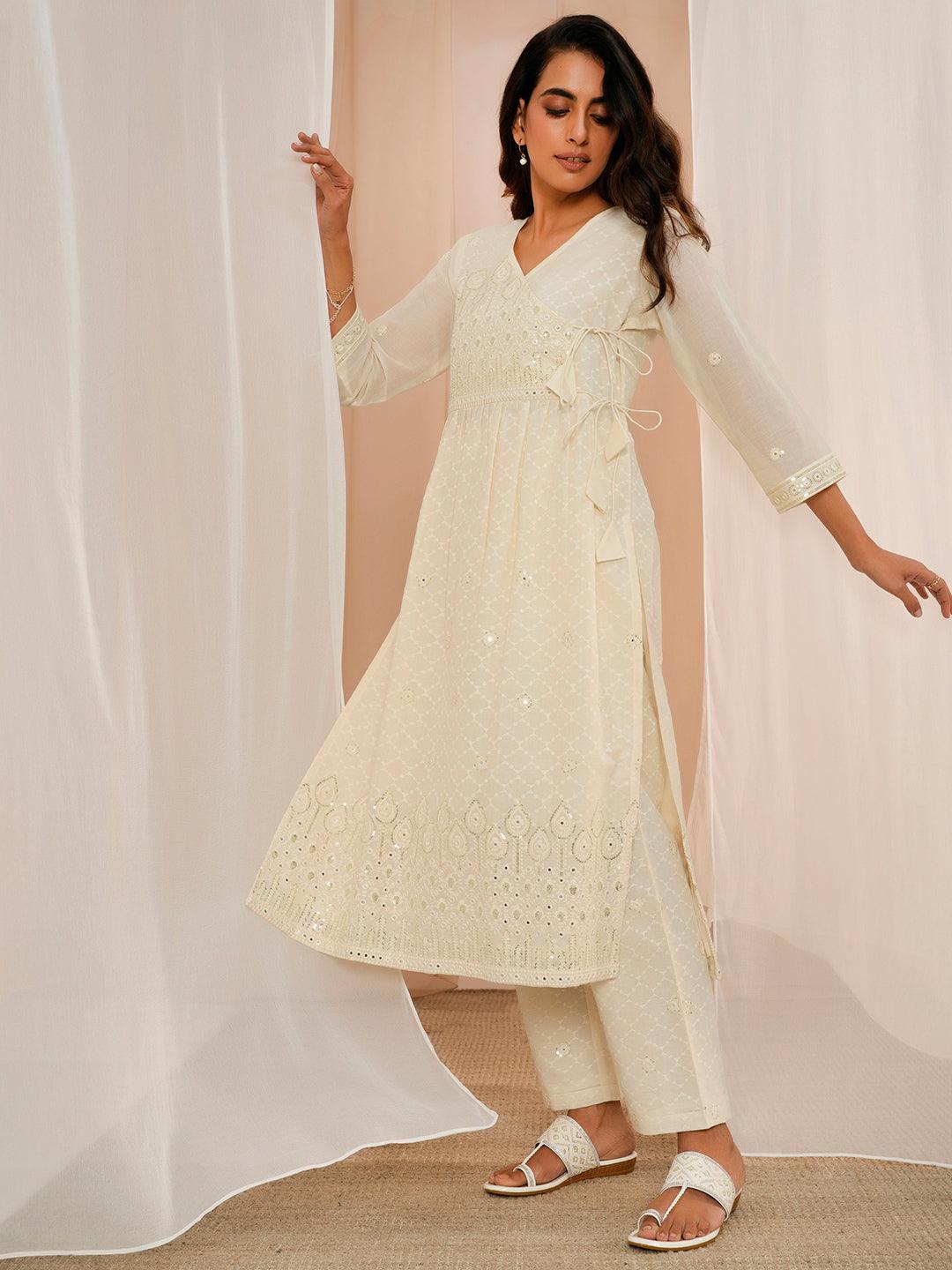 Off White Embroidered Cotton A-Line Kurta With Trousers & Dupatta - Libas