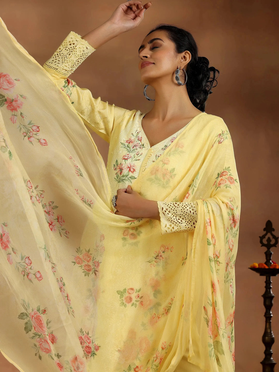  Yellow Printed Silk Blend Straight Suit With Dupatta 