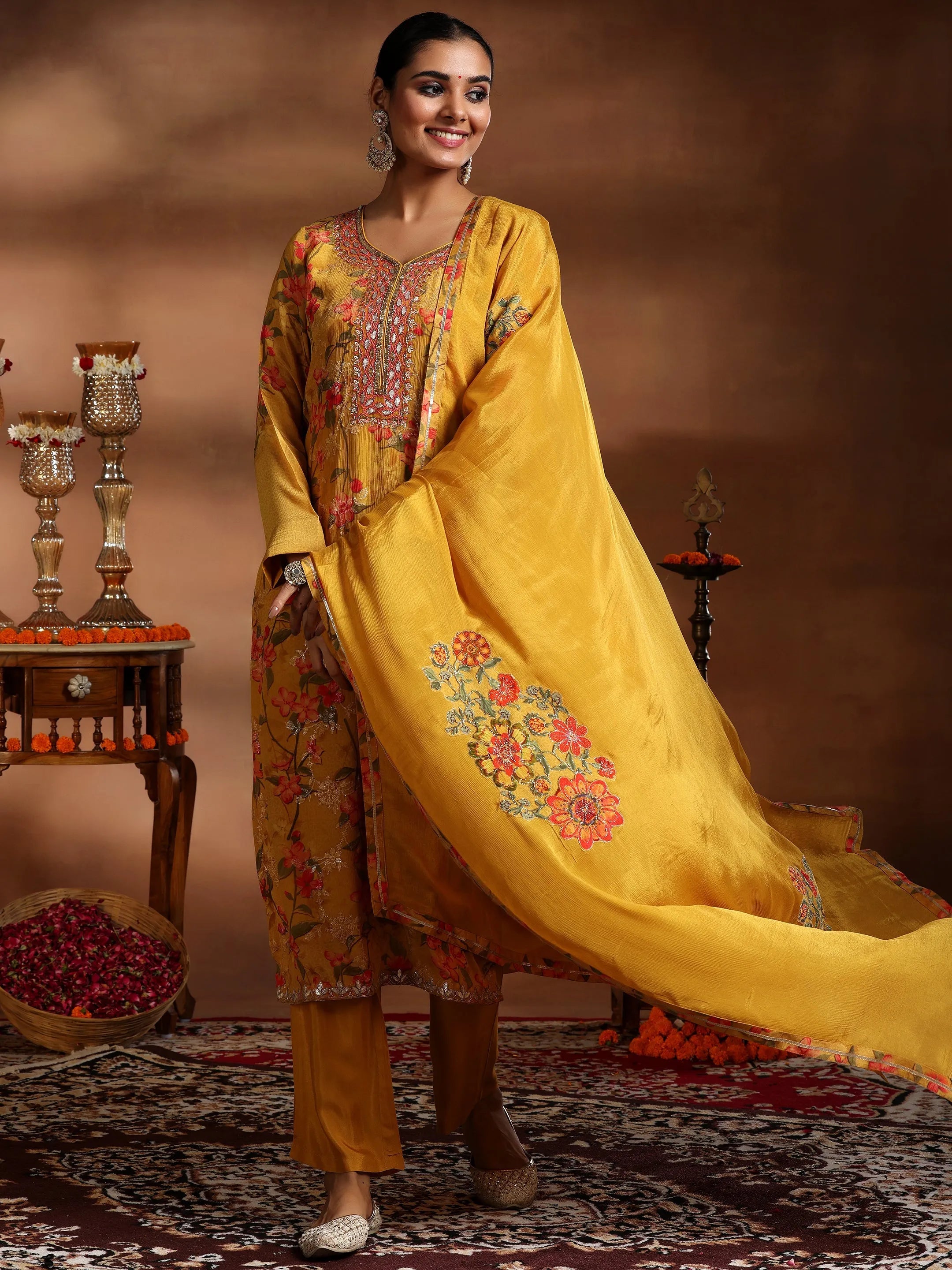 Libas Mustard Printed Silk Chiffon Straight Suit With Dupatta-picture-29