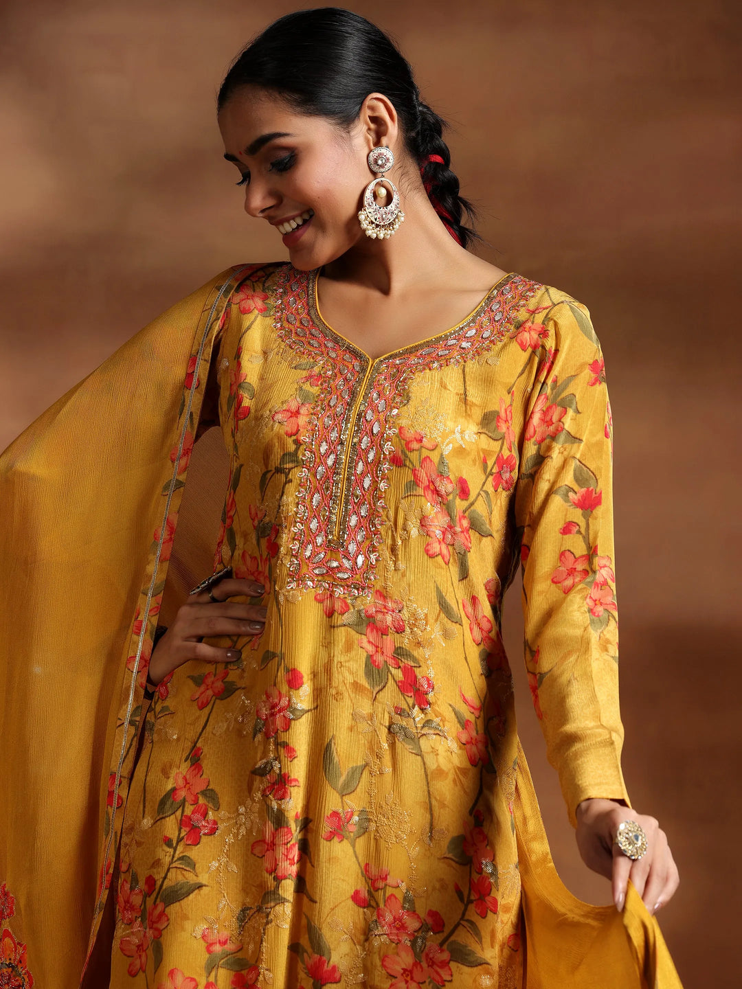  Mustard Printed Silk Chiffon Straight Suit With Dupatta 