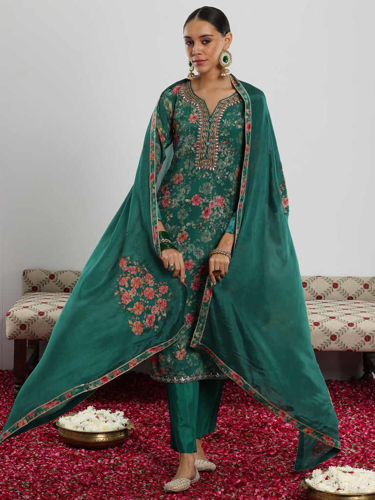 Libas Green Printed Silk Chiffon Straight Suit With Dupatta