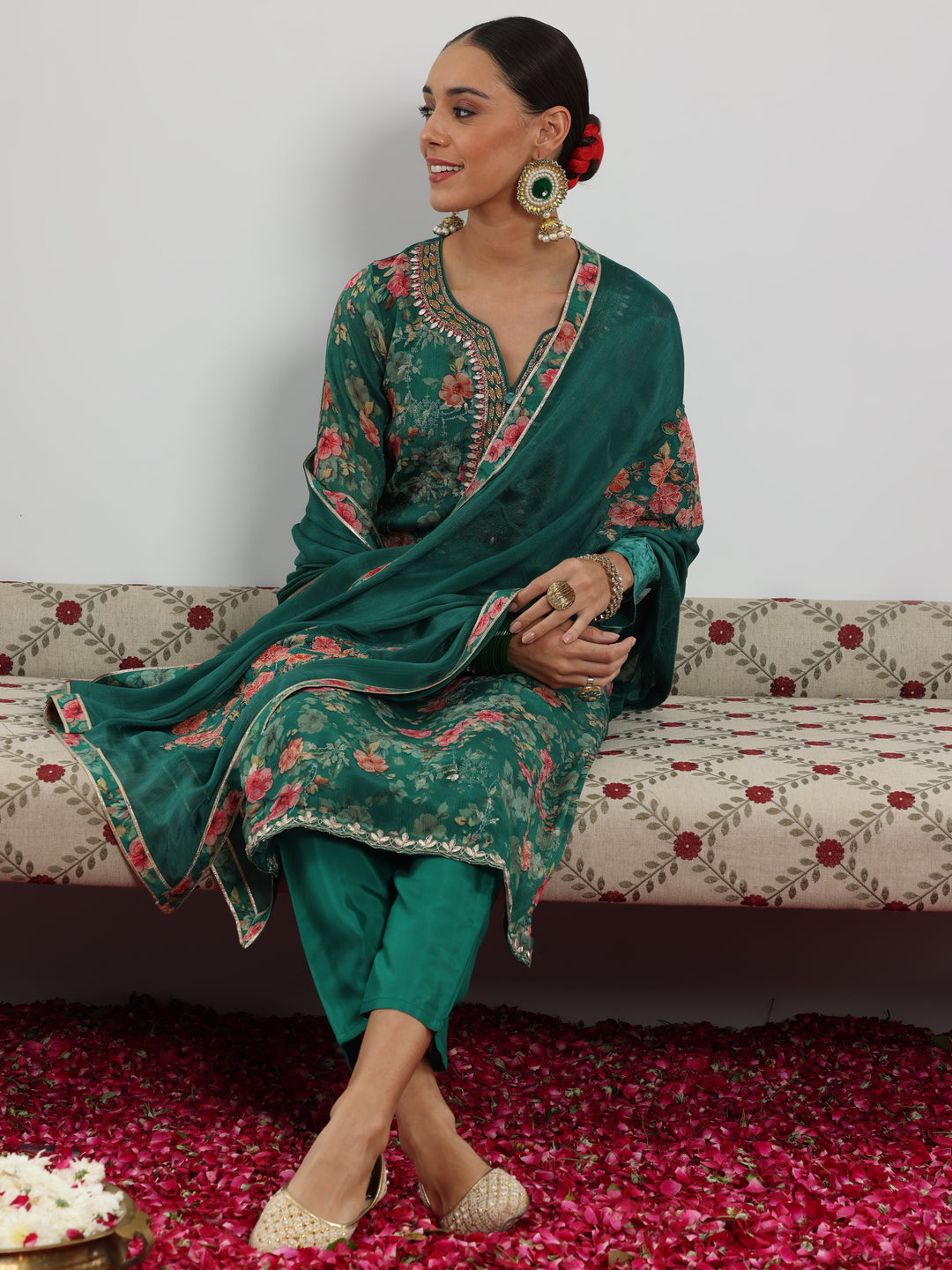  Green Printed Silk Chiffon Straight Suit With Dupatta 